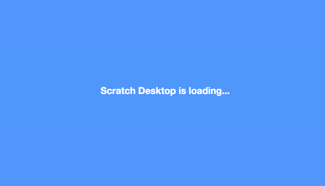 Pantalla de carga de Scratch Fondo azul con la frase "Scartch Desktop is loading"